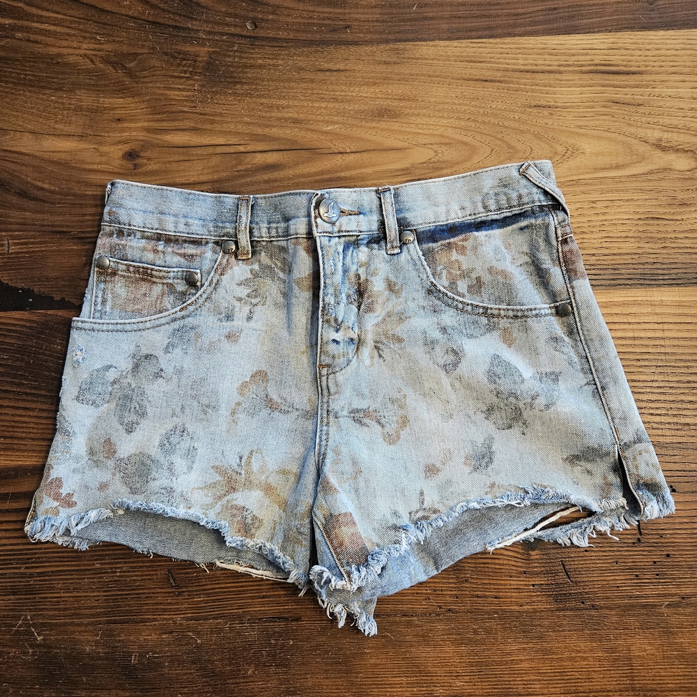 Free People Floral Jean Shorts - Light Blue